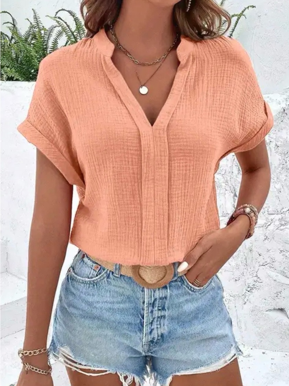 Solid Blouse with Rolled Sleeves and Notched Collar XL PS8-14